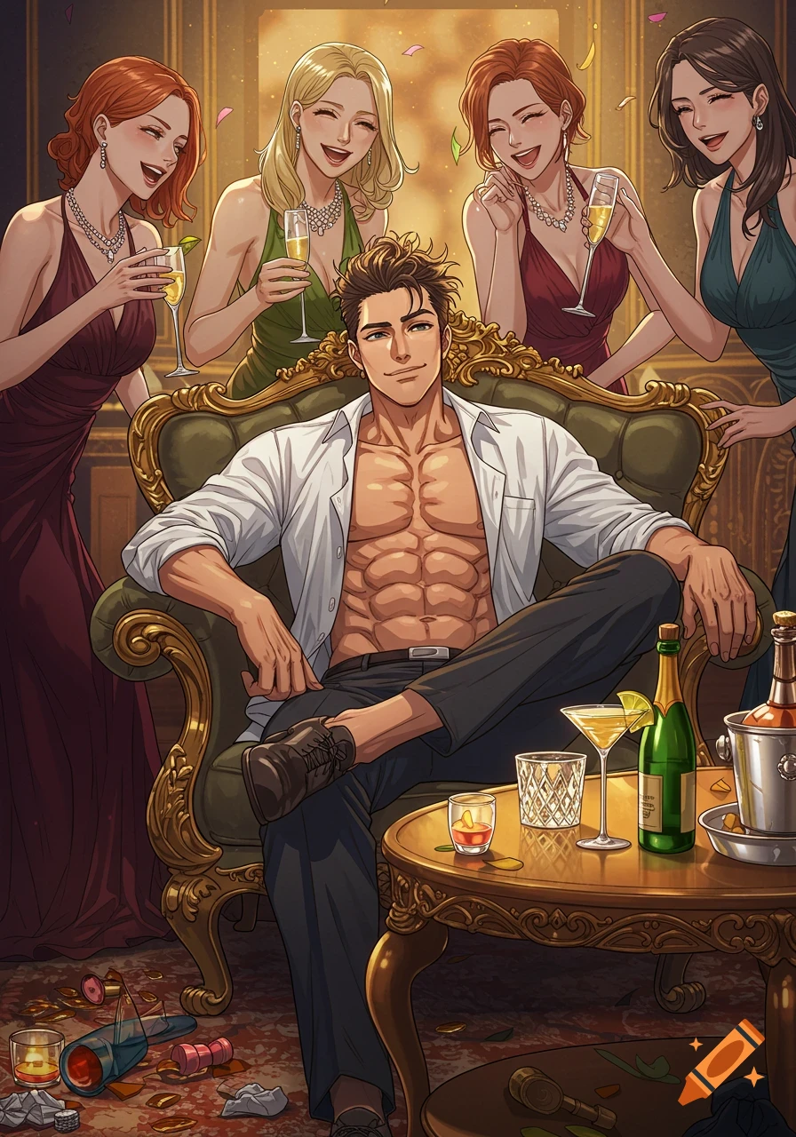 Anime-style illustration of a muscular man in an open shirt lounging in a chair, surrounded by glamorous women at a luxury party.