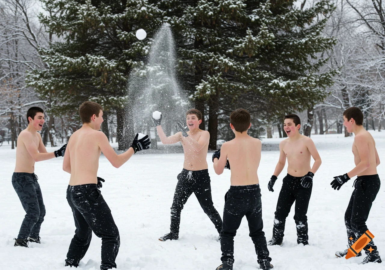 A group of shirtless boys laughing during a playful snowball fight in a snowy park.
