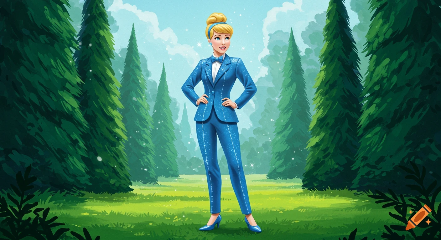Cinderella in a sparkling blue suit and heels stands confidently in a vibrant green forest under a blue sky, cartoon style.
