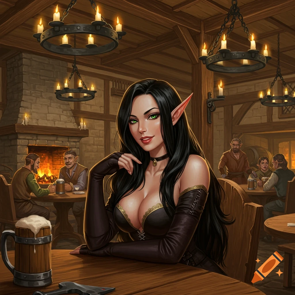 Beautiful half-elf woman with long black hair and green eyes sitting at a tavern table, in a fantasy art style.