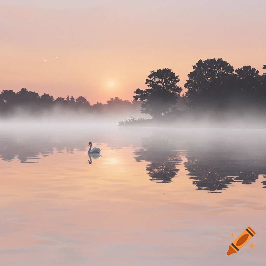 A serene swan glides on a misty lake at sunrise, with silhouetted trees reflecting in the calm, peach-hued water.