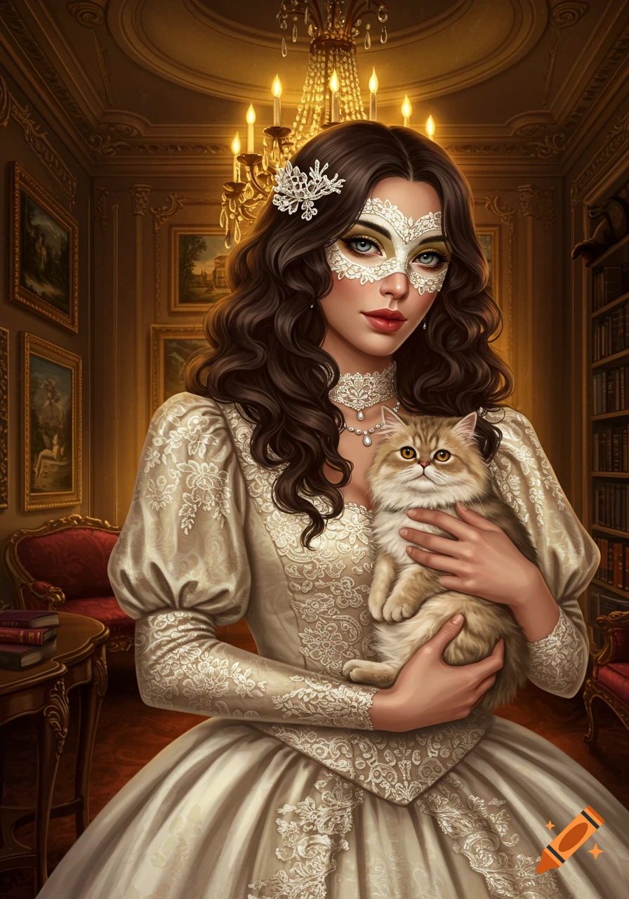 A woman in an ornate dress and white masquerade mask holds a fluffy cat in a richly decorated room under a chandelier. Detailed illustration.