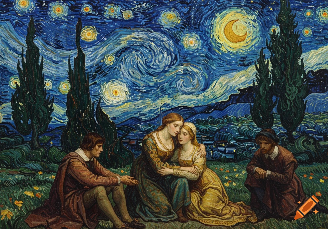 A painting in Van Gogh's 'Starry Night' style showing four figures in a field at night; two women embrace, two men observe, under a swirling starry sky.