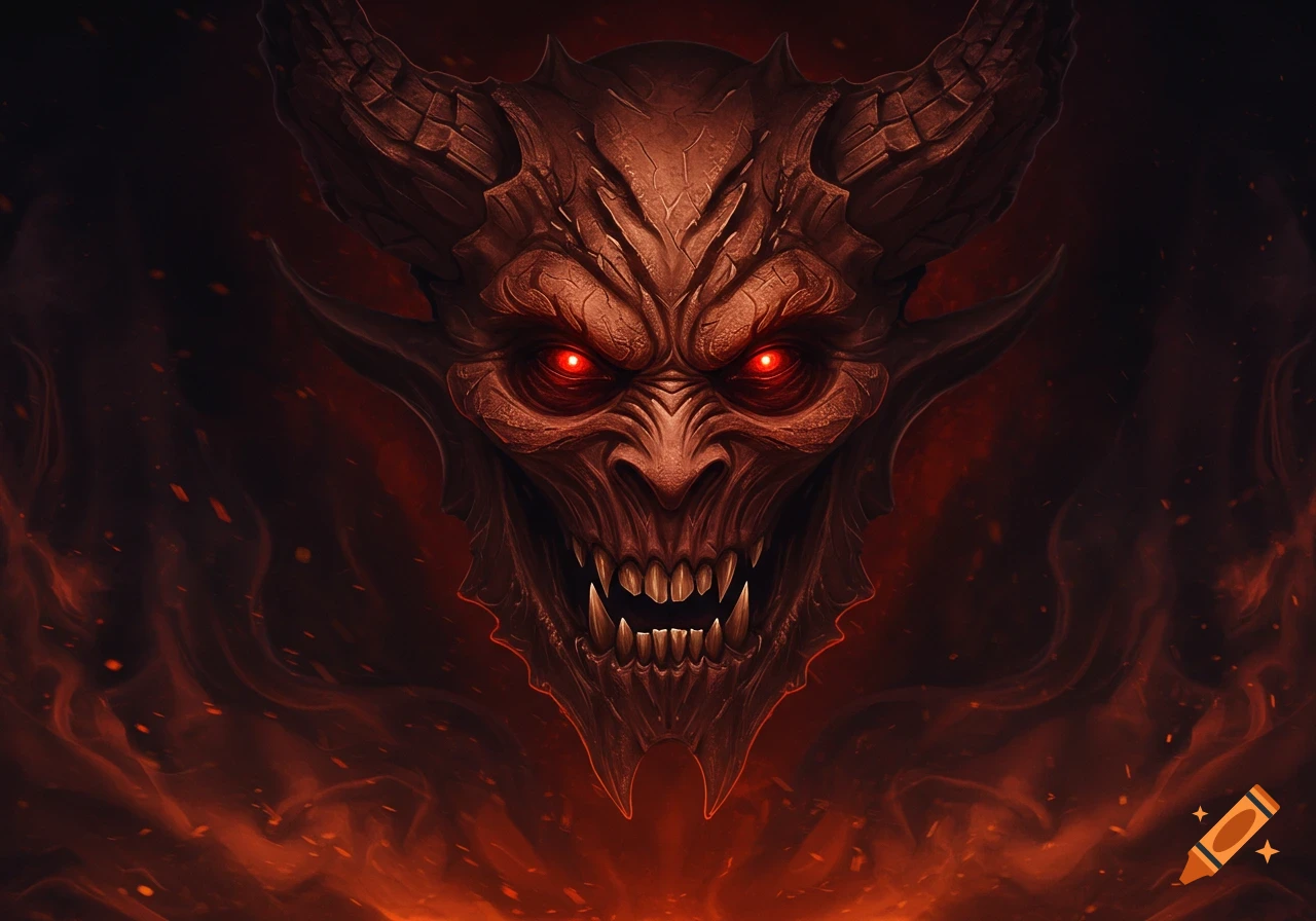 Close-up of a menacing brown demon face with glowing red eyes and sharp teeth, against a dark, fiery background.