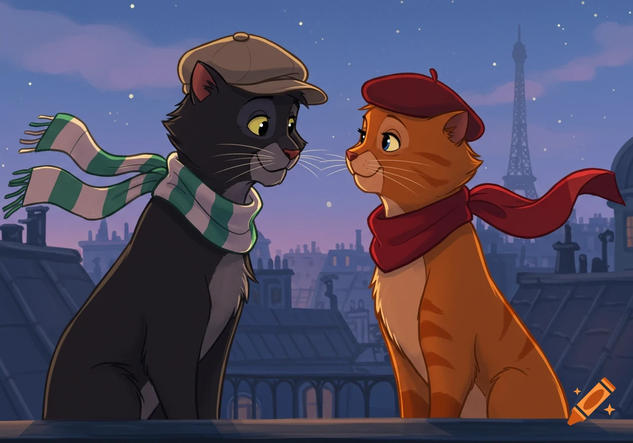 Two anthropomorphic cats in scarves and hats look at each other on a Paris rooftop at twilight, with the Eiffel Tower in the background, in 2D animated style.