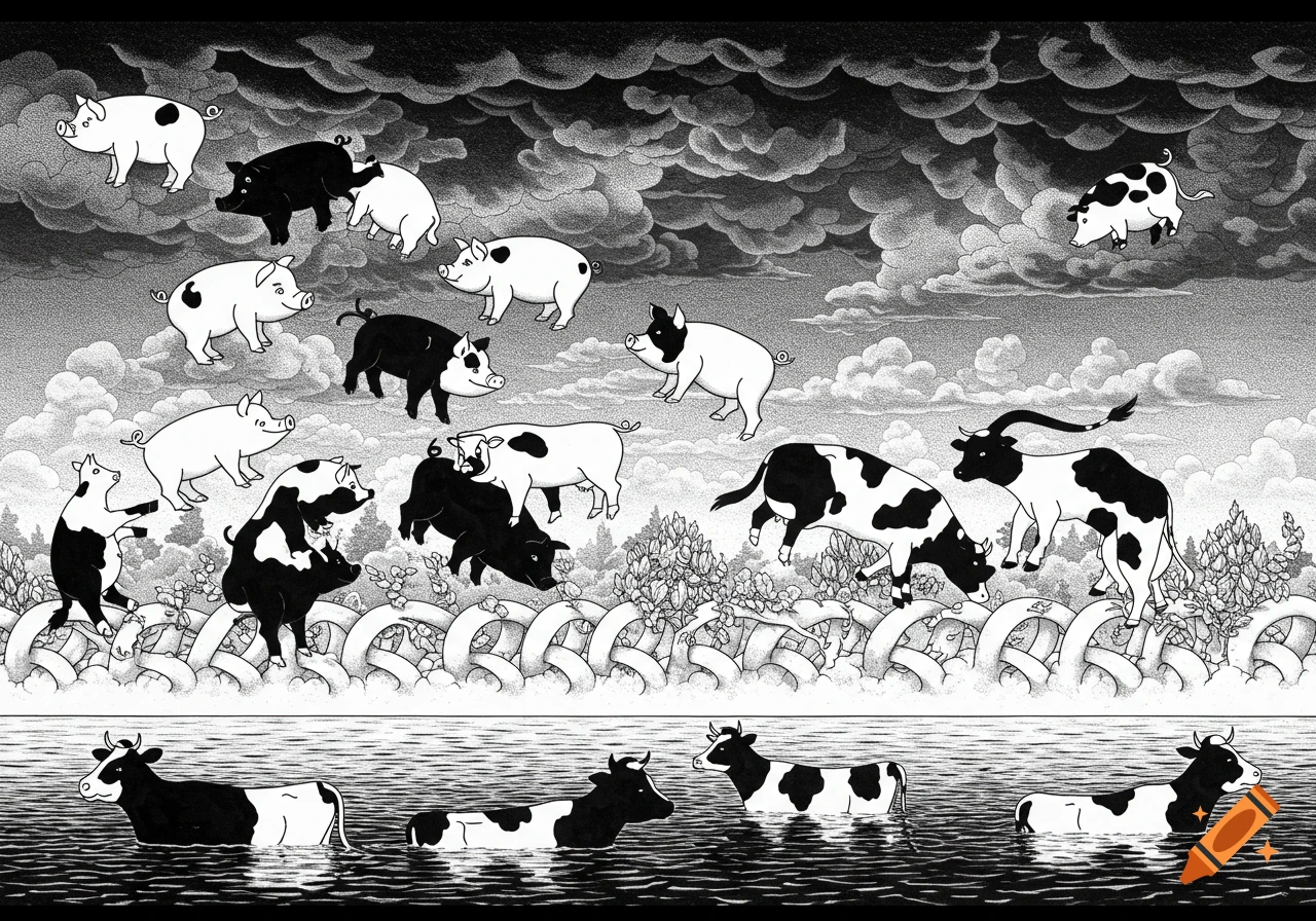 M.C. Escher-style black and white illustration of pigs transforming into cows in a surreal sky and water landscape.