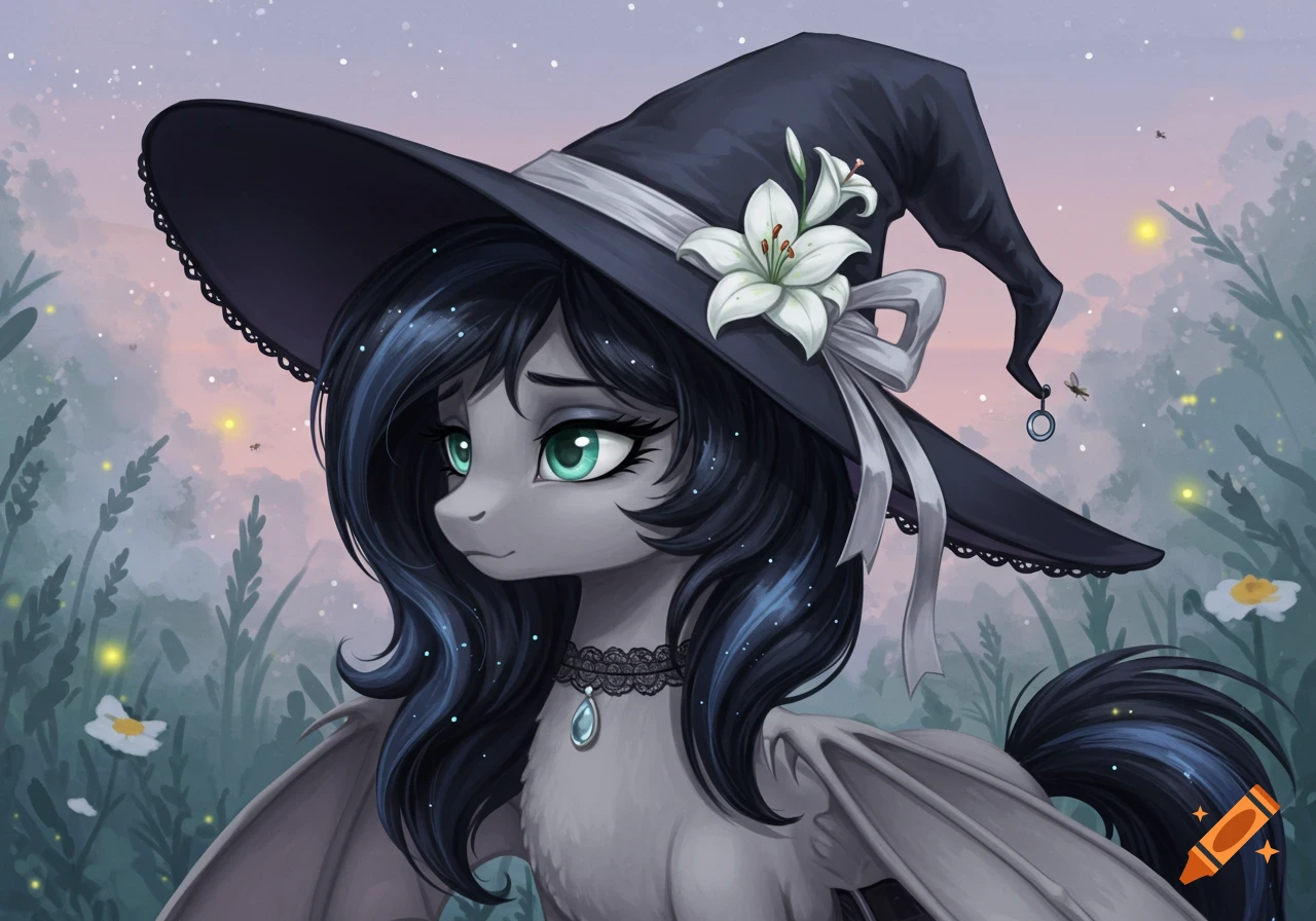 A shy gray bat pony with dark hair, turquoise eyes, a black witch hat with a lily, and a lace choker in a twilight field.