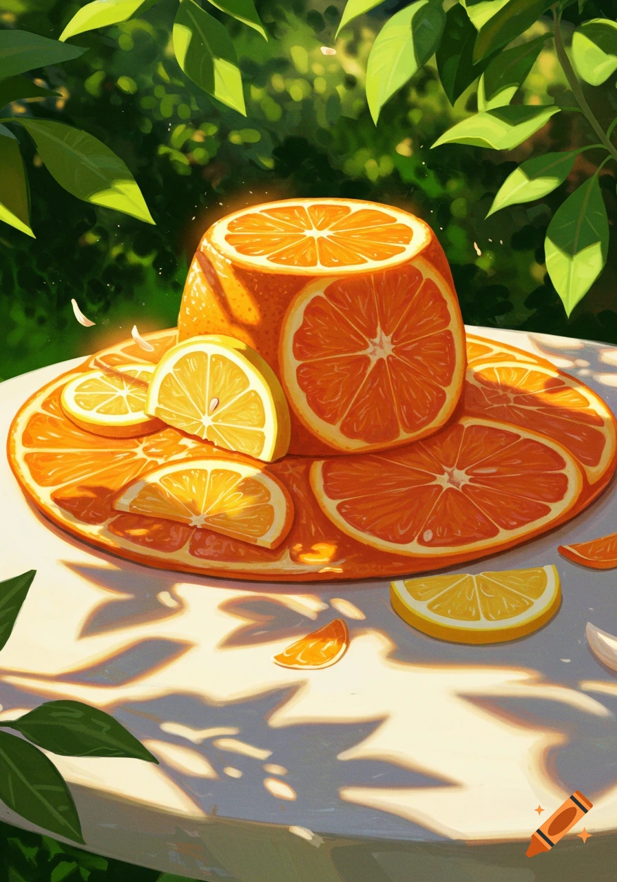 Vibrant hat crafted from orange and lemon slices, resting on a sunny outdoor table with green foliage in the background.