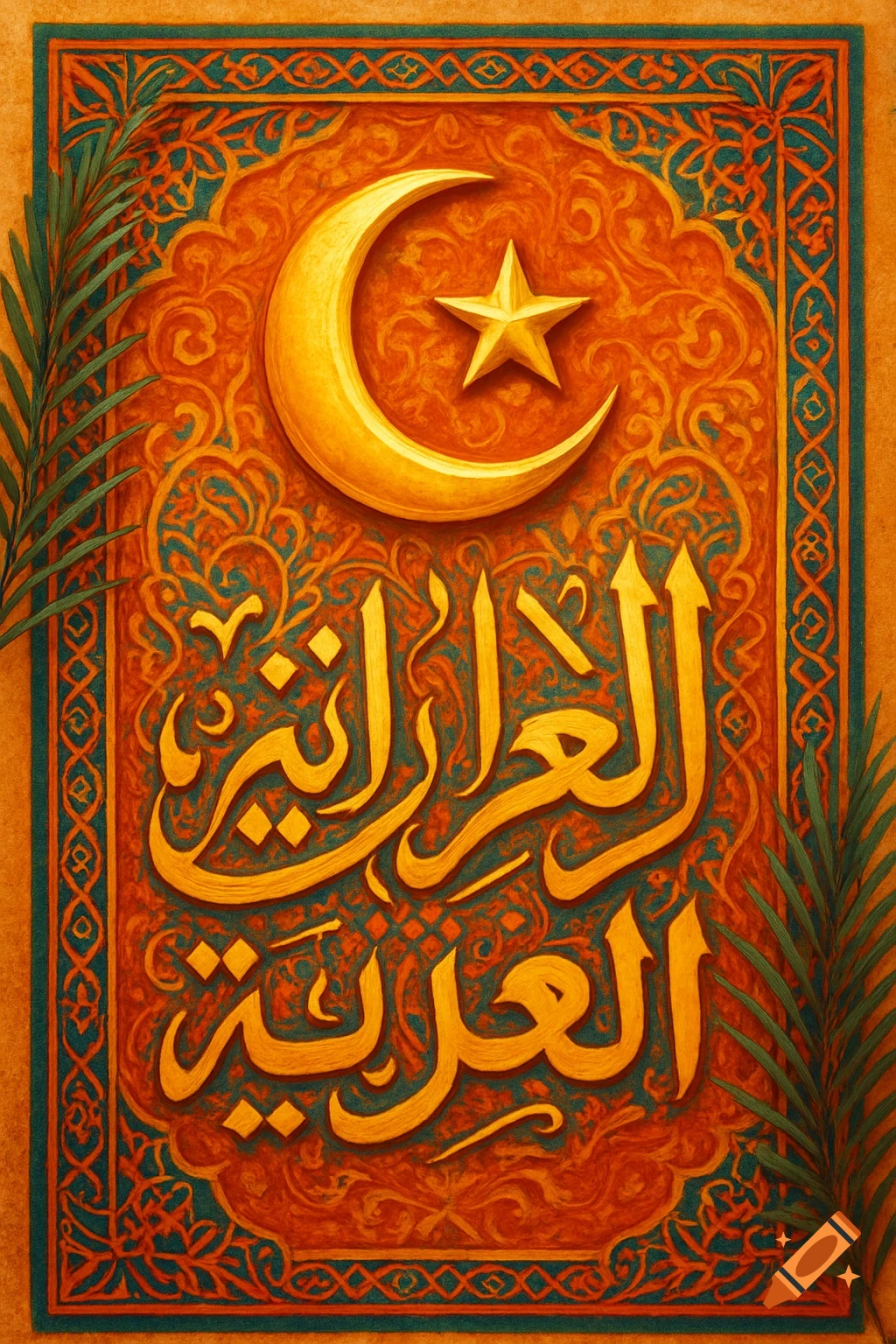 Ornate Arabic poster with gold calligraphy "Arab Algeria," a crescent moon, and star on an orange textured background with teal borders and palm fronds.