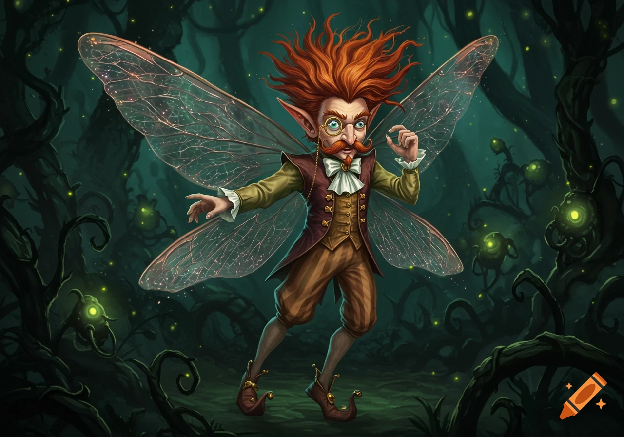 A manic male pixie with wild orange hair, monocle, mustache, and insect wings in a dark fantasy forest.