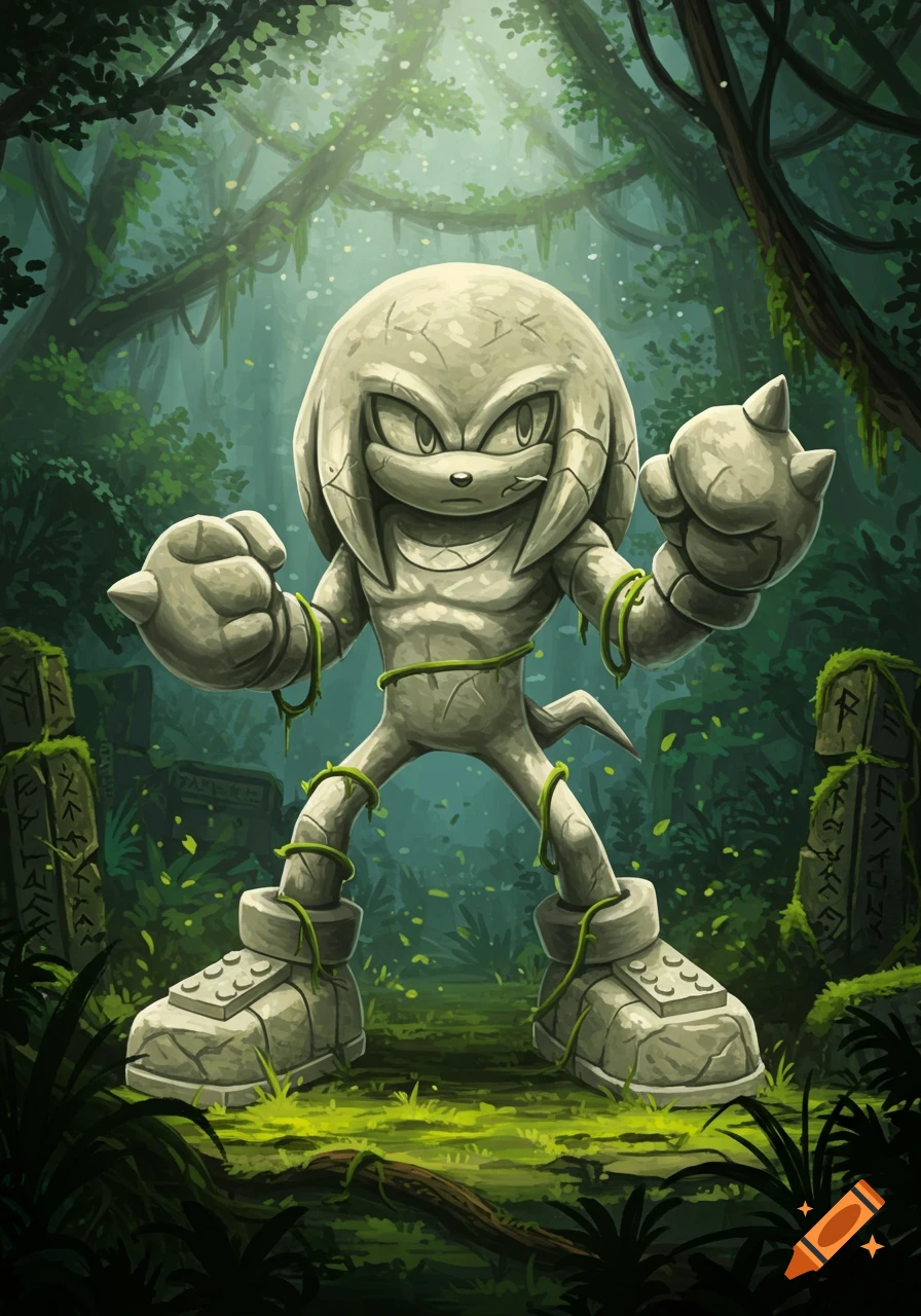Stone statue of Knuckles the Echidna covered in vines, standing in a jungle among ancient ruins.