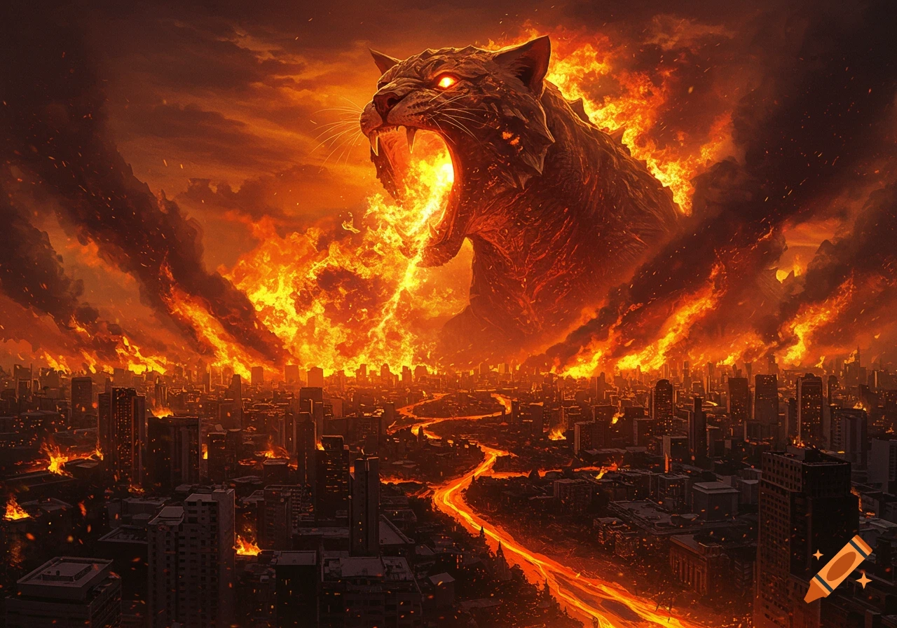 A colossal fiery cat monster roars over a city engulfed in flames and molten lava, under a dark, smoky sky.