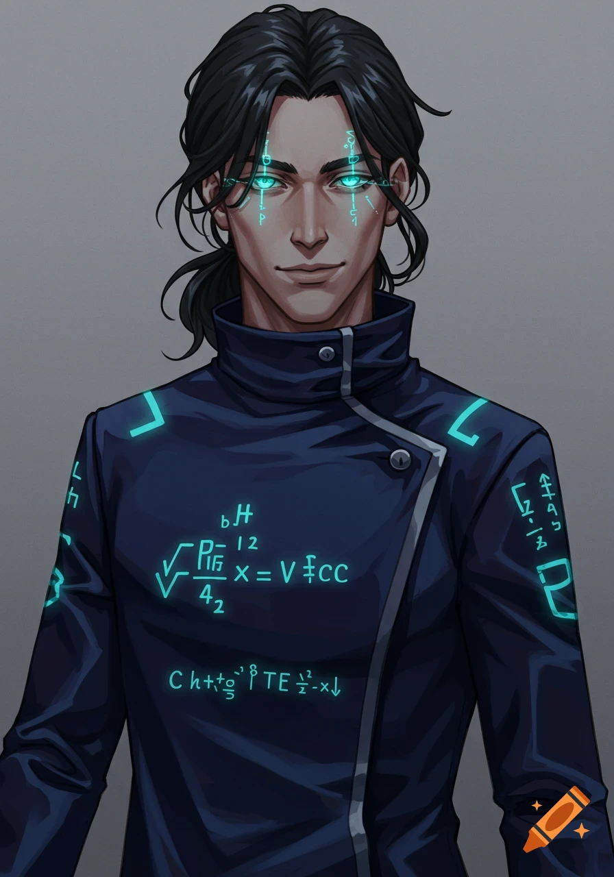 An anime-style portrait of a man with dark hair, glowing turquoise eyes, and a dark coat adorned with luminous symbols.