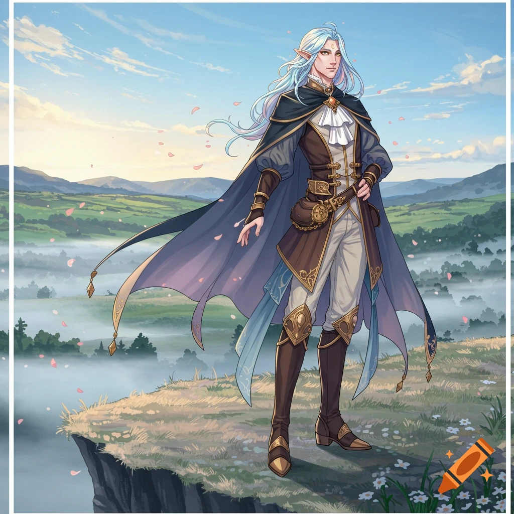 A male anime-style elf with long blue hair and a dark cape stands on a cliff overlooking a misty valley.