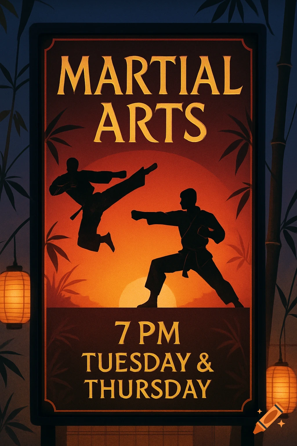A stylized sign for Martial Arts classes, featuring silhouettes of two martial artists against an orange sunset. The sign reads '7 PM Tuesday & Thursday'.