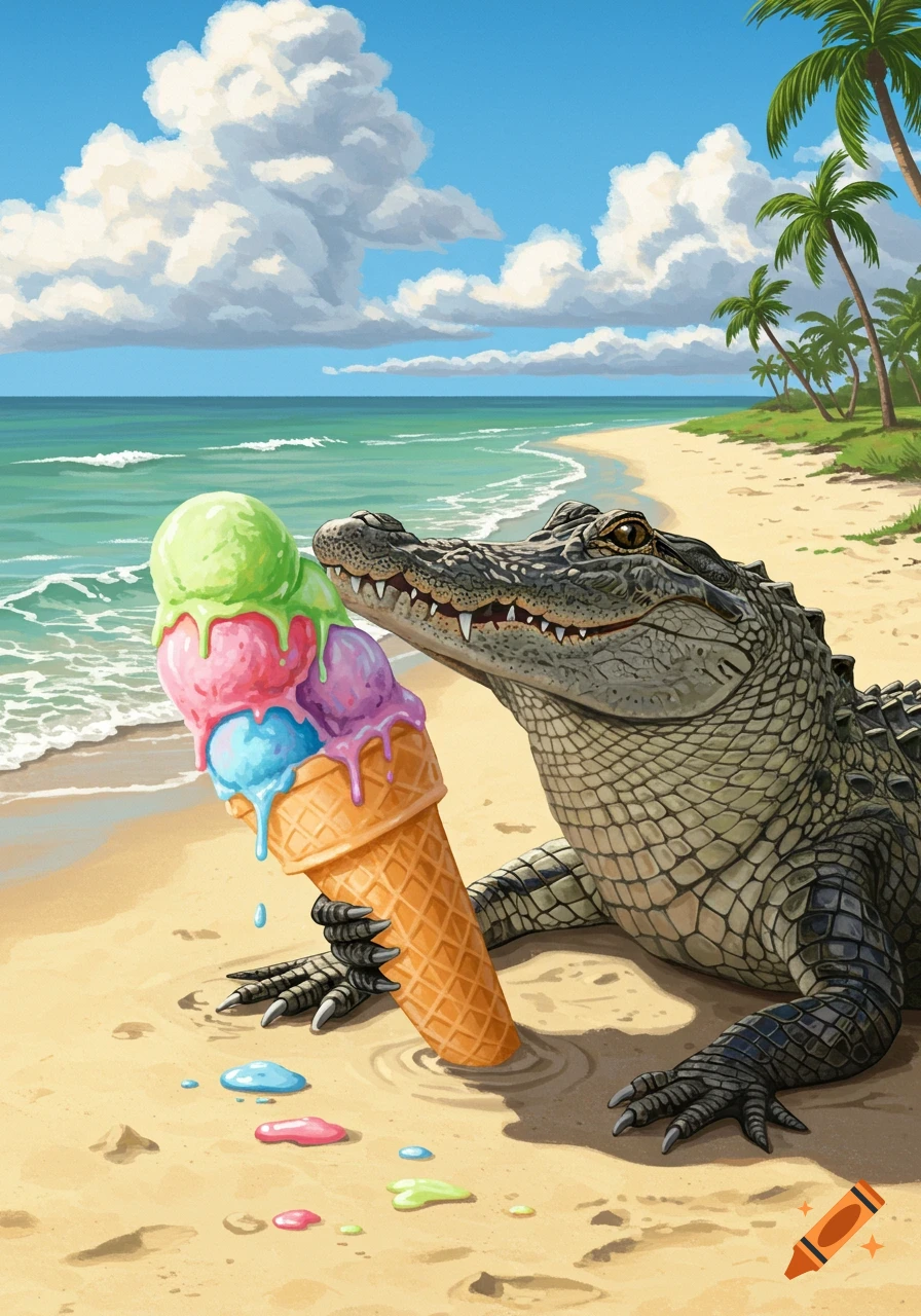 An alligator sits on a sandy beach, happily holding a melting, colorful triple-scoop ice cream cone. Tropical illustration.