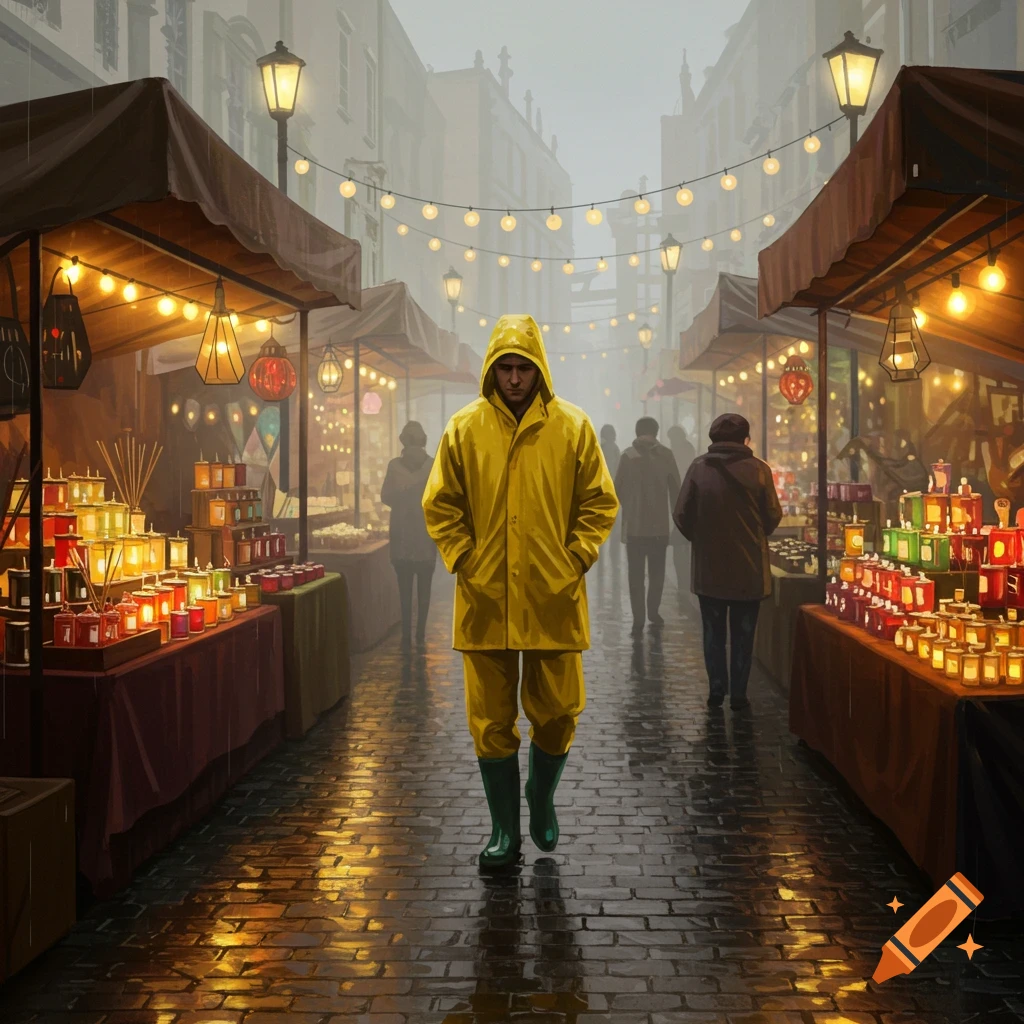 Man in yellow raincoat walks through a foggy outdoor market with glowing candle stalls in a painterly style.