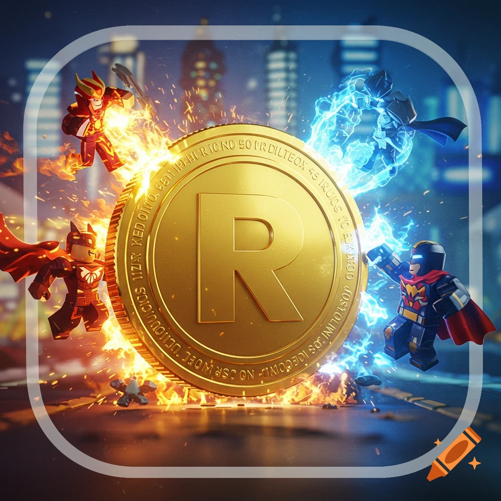 Roblox-style superheroes battle with fire and electricity around a large golden coin with an 'R', digital art.