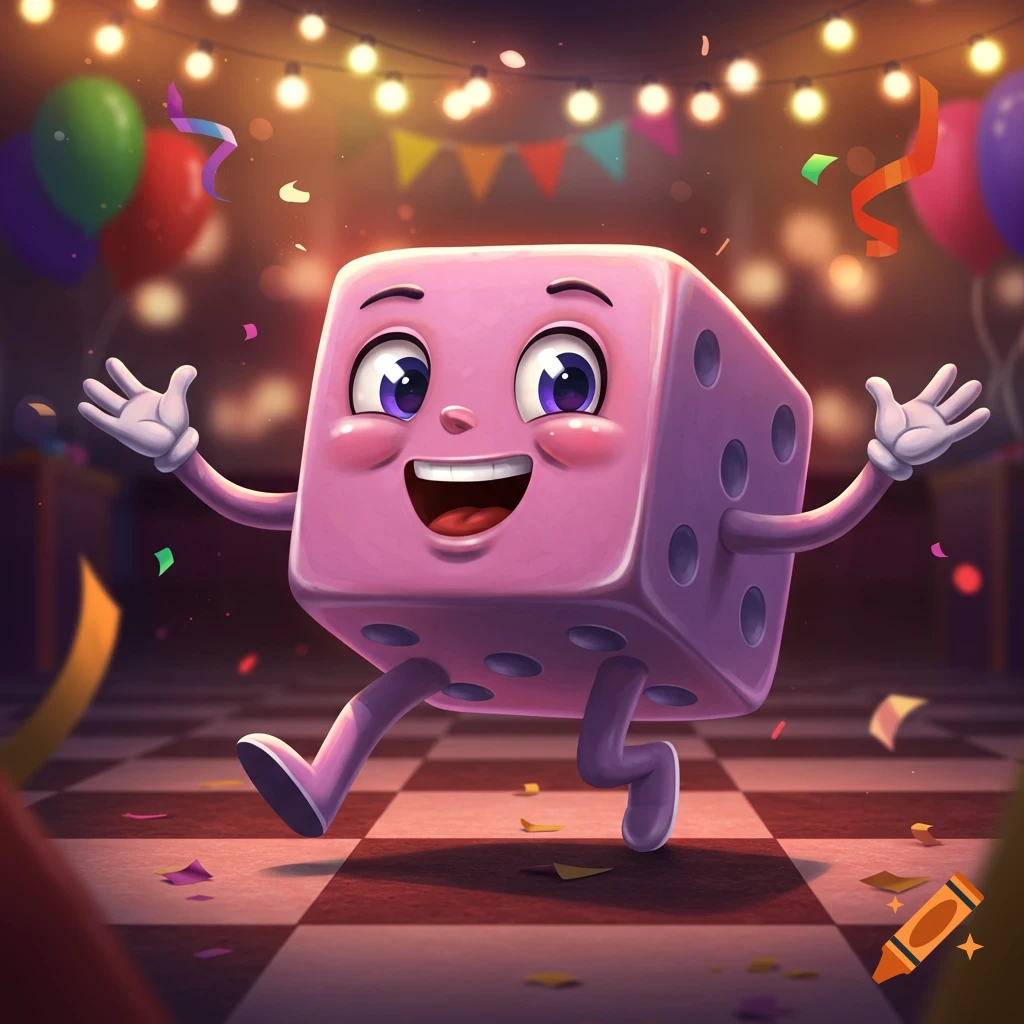 A cheerful pink dice cartoon character with arms and legs runs happily amidst confetti, balloons, and string lights at a party.