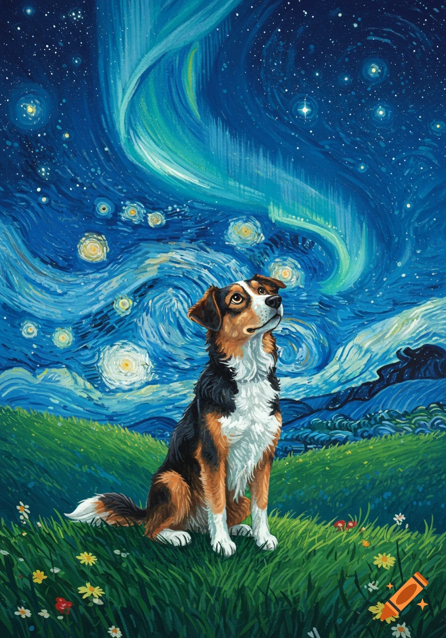 A tricolor dog sits on a grassy hill, looking up at a vibrant, swirling night sky in a Starry Night painting style with an aurora.