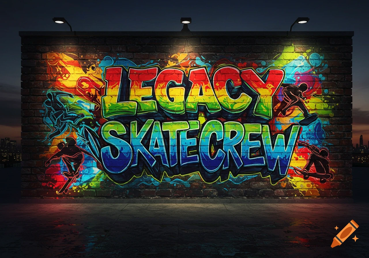 Colorful graffiti saying 'LEGACY SKATECREW' with skateboarder silhouettes on a brick wall at night, illuminated by spotlights.