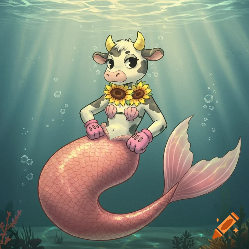 A cartoon cow mermaid underwater, wearing a seashell bra, pink gloves with "000" text, and a sunflower necklace, against a light blue background with sun rays and bubbles.
