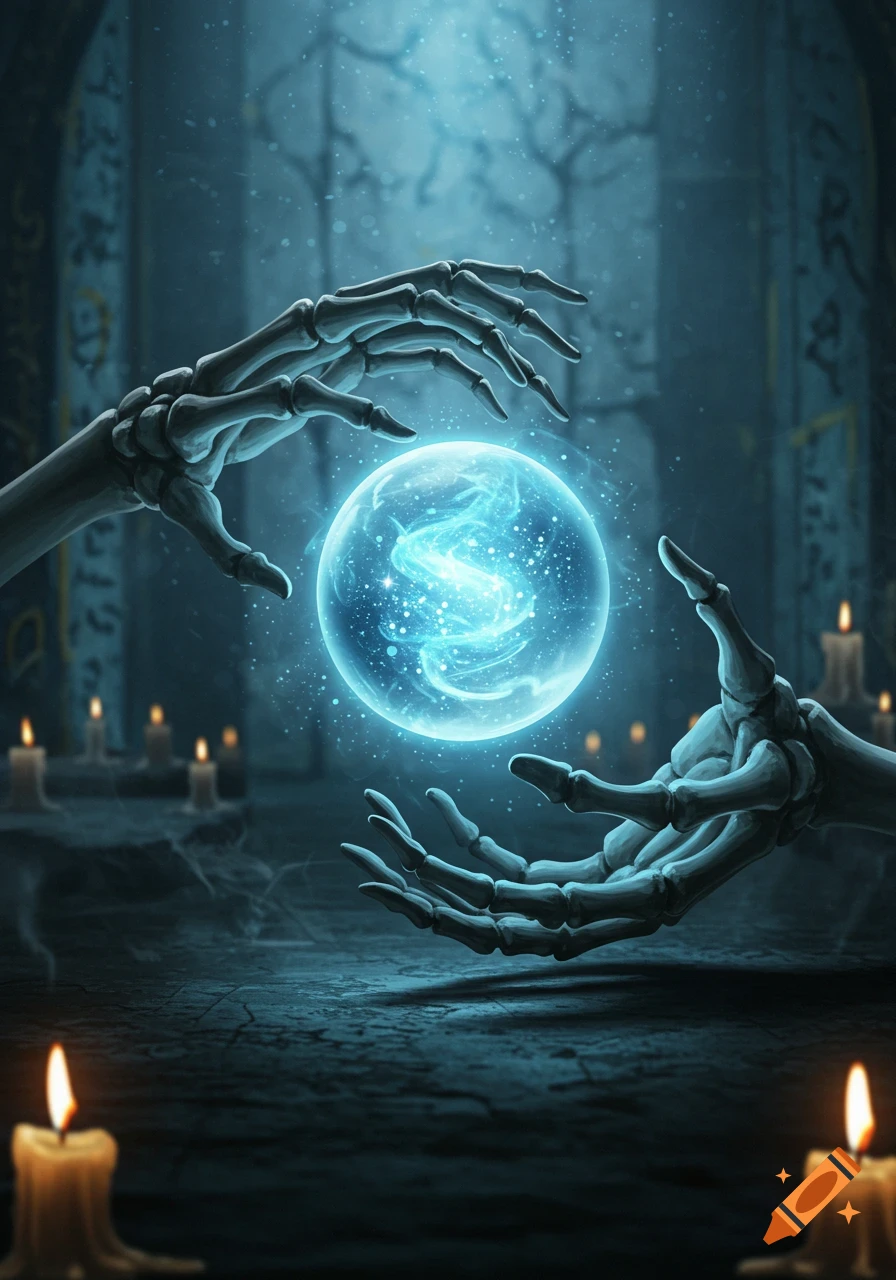 Two skeletal hands reach for a glowing blue magical orb, surrounded by lit candles in a dark, ancient chamber.