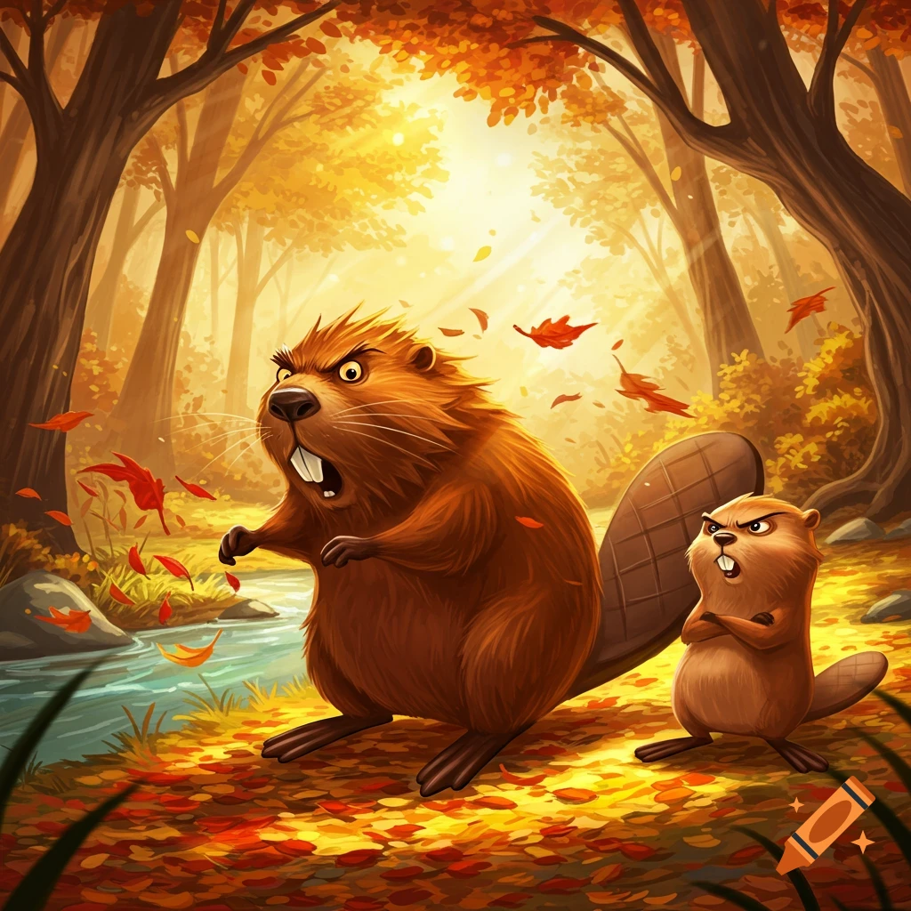 Two angry cartoon beavers in a vibrant autumn forest with a stream and falling red leaves.