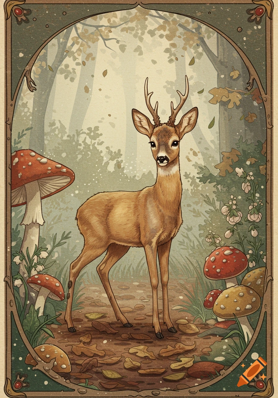 A vintage-style illustration of a roe deer buck in an autumn forest with large mushrooms and falling leaves, within an ornate frame.