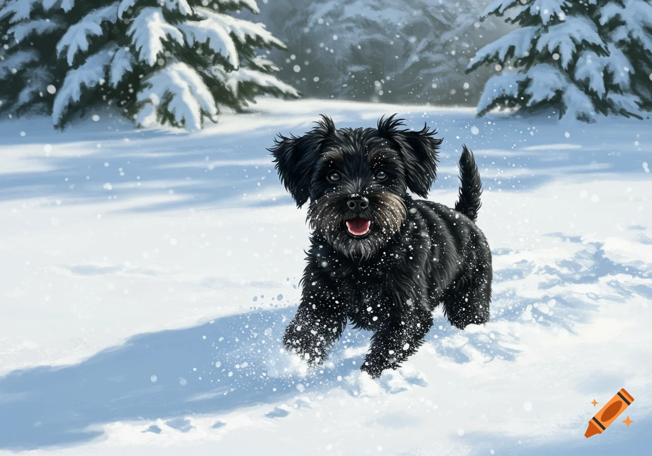 Fluffy black schnauzer mix dog happily running through fresh snow with snowflakes falling.