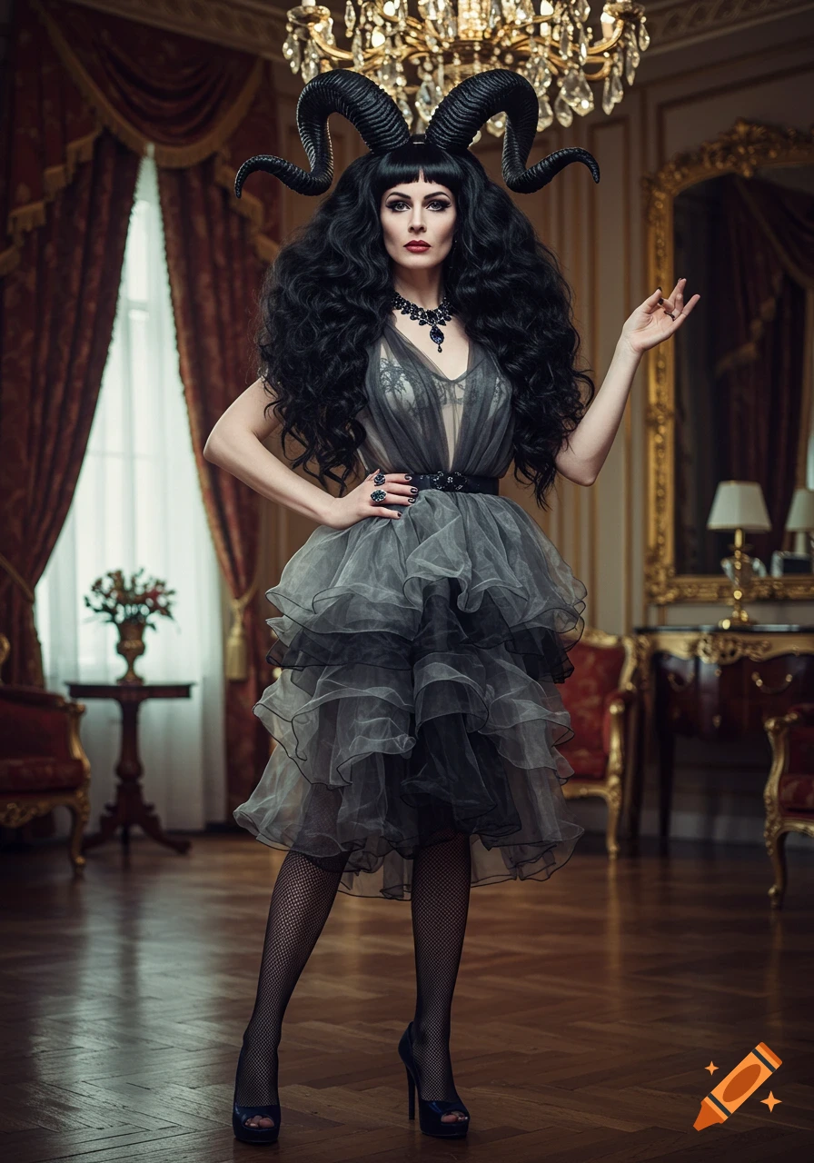 Full-body editorial fashion portrait of a gothic queen with dramatic black ram horns, voluminous hair, and a sheer gray ruffled dress in a luxurious suite.