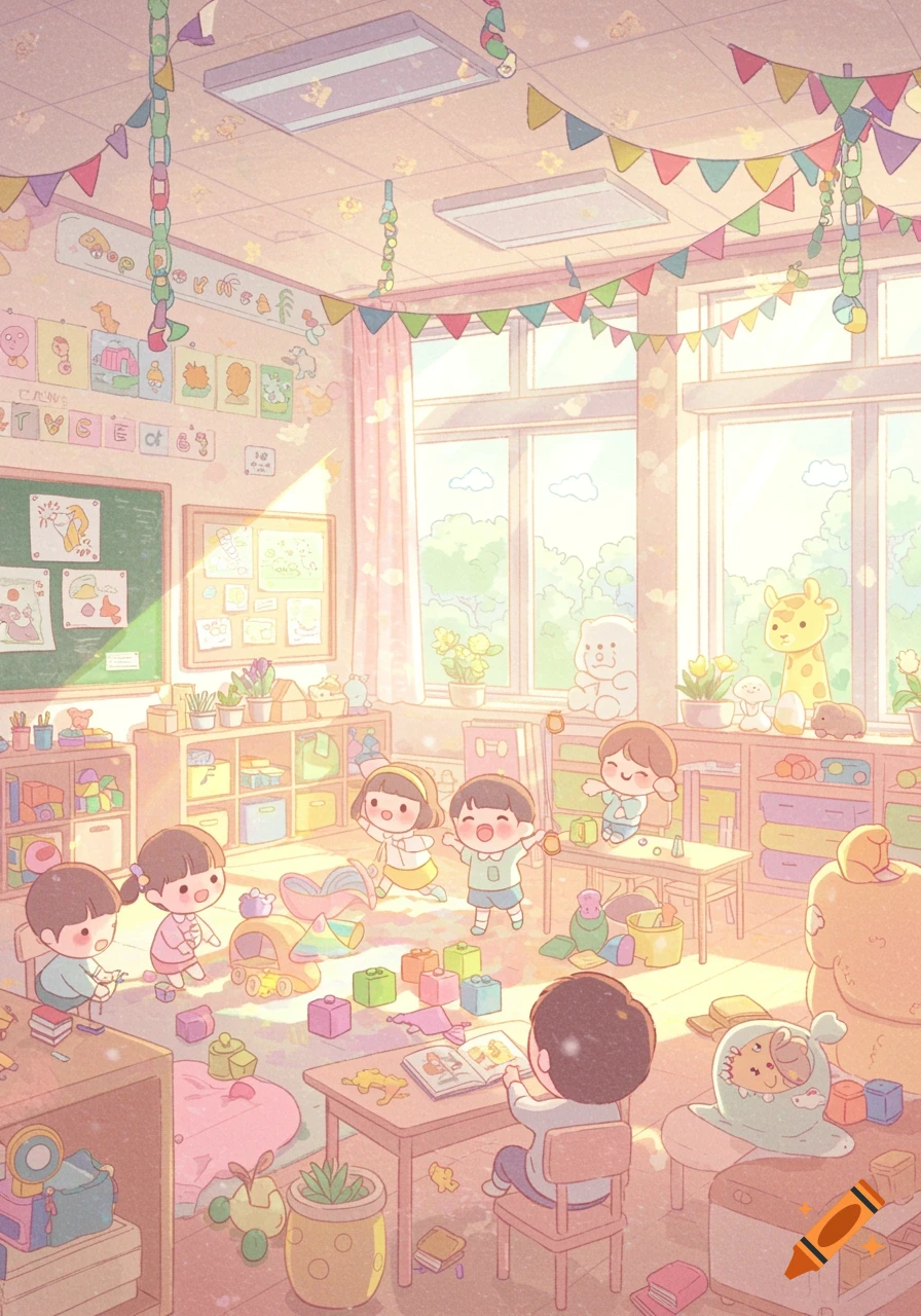 A cute anime-style illustration of children playing in a brightly lit, colorful kindergarten classroom with pastel colors.