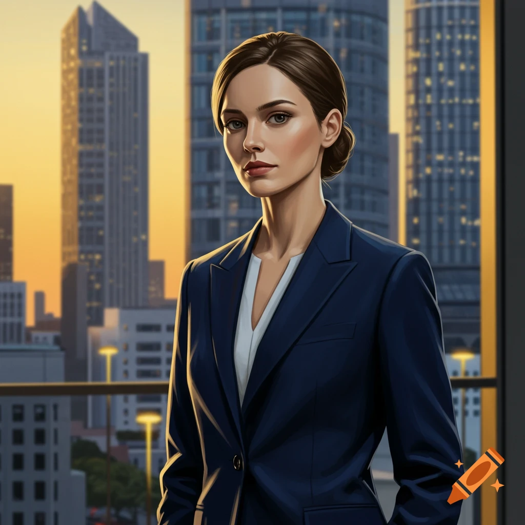 A confident woman in a dark blue business suit stands in a high-rise office with a cityscape at sunset in the background.