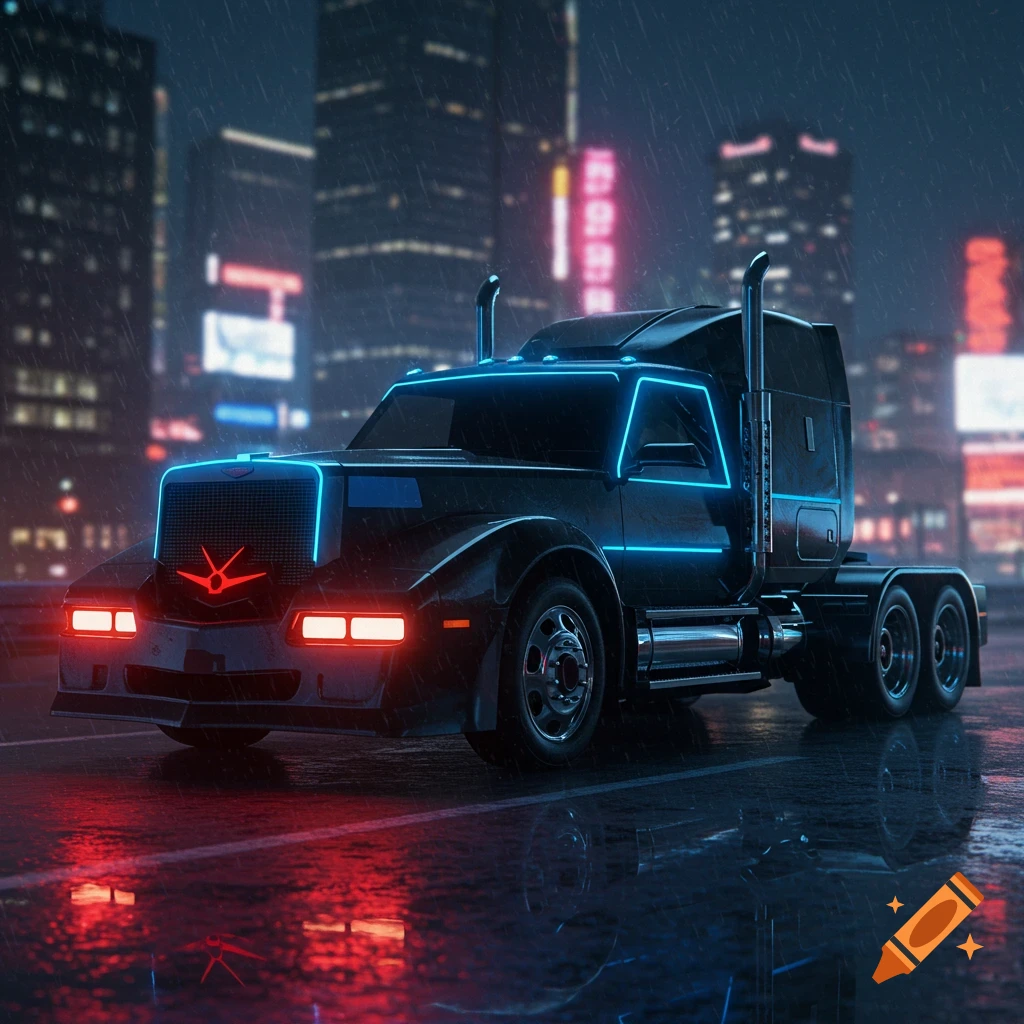 Futuristic black semi-truck with neon blue trim and red lights on a rainy city street at night, cyberpunk style.