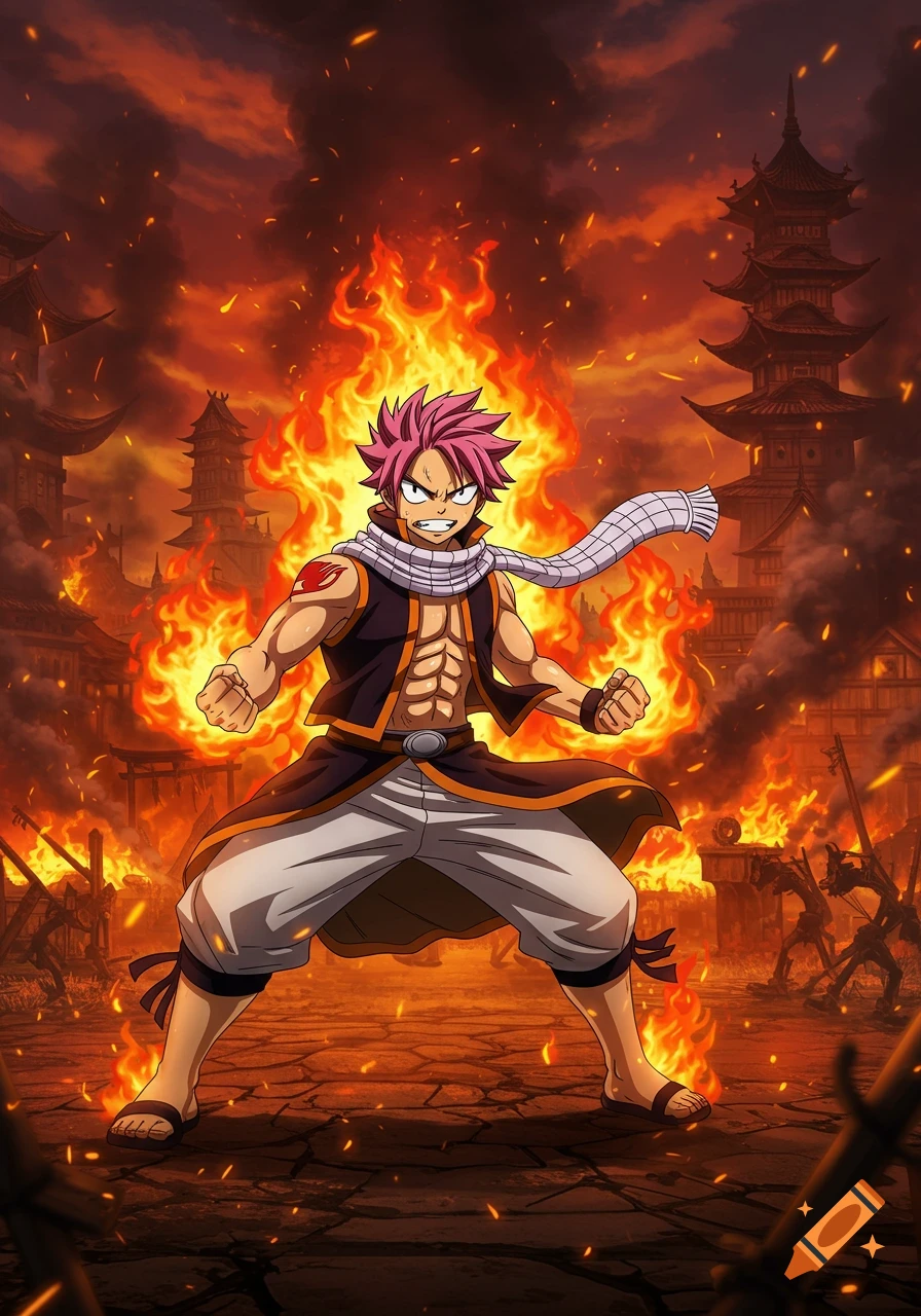 Anime character Natsu Dragneel stands defiantly amid a burning village, engulfed in powerful flames.