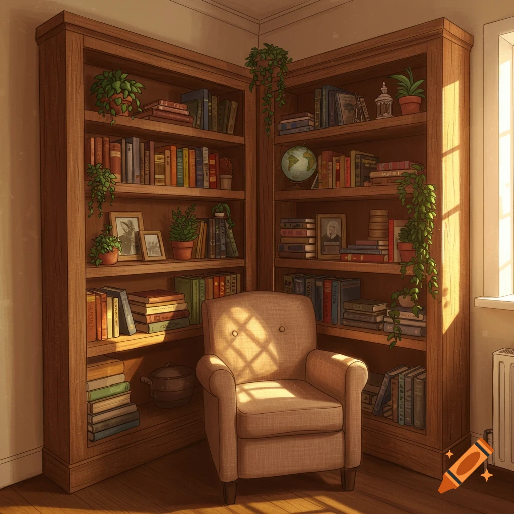 Cozy corner of a room with wooden bookshelves filled with books and potted plants, an armchair, and sunlight streaming through a window.