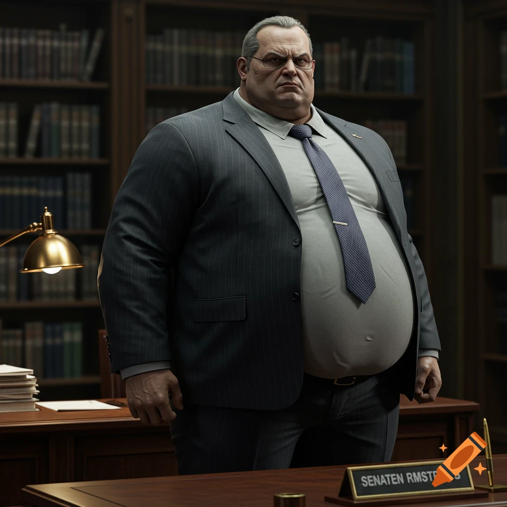 Photorealistic image of a stern, morbidly obese man in a pinstripe suit, standing in an office with bookshelves.