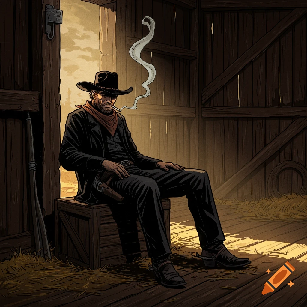 A cowboy in a black suit and hat sits on a crate in a barn, smoking a cigarette in a drawing style.