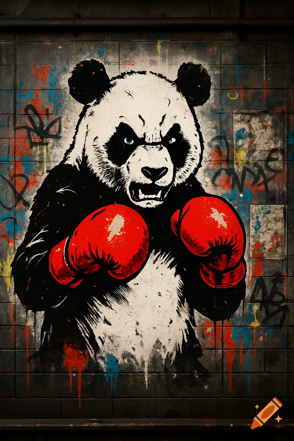 A fierce panda wearing red boxing gloves, depicted in a black-and-white stencil style against a colorful, graffiti-covered subway wall.