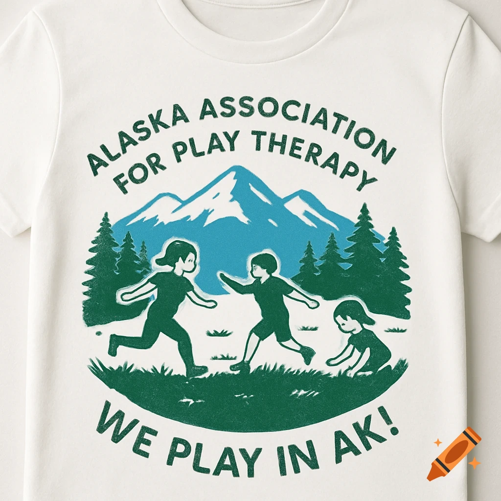 White T-shirt with a green and blue screen print illustration of children playing in front of mountains and pine trees. Text reads "Alaska Association for Play Therapy" and "We Play in AK!"