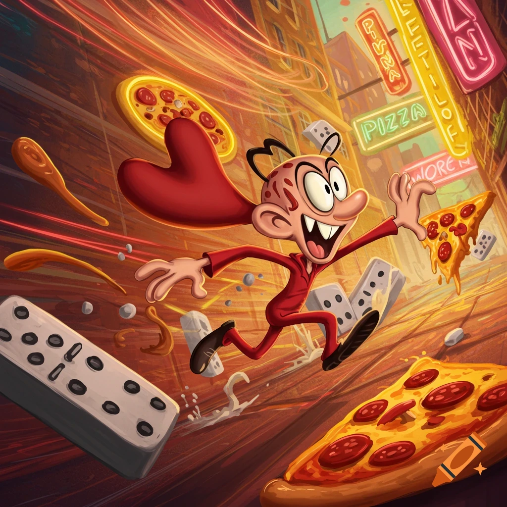 A cartoon character, the Noid, in a red suit and cape, gleefully runs while holding a slice of pizza. Dominoes, pizza, and pizza-themed neon signs float around him in a city background.