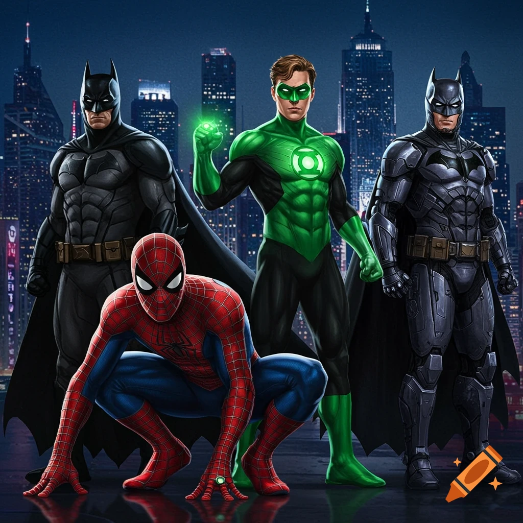 Four superheroes, including Spider-Man, Green Lantern, and two Batmen, pose in a stylized city at night.