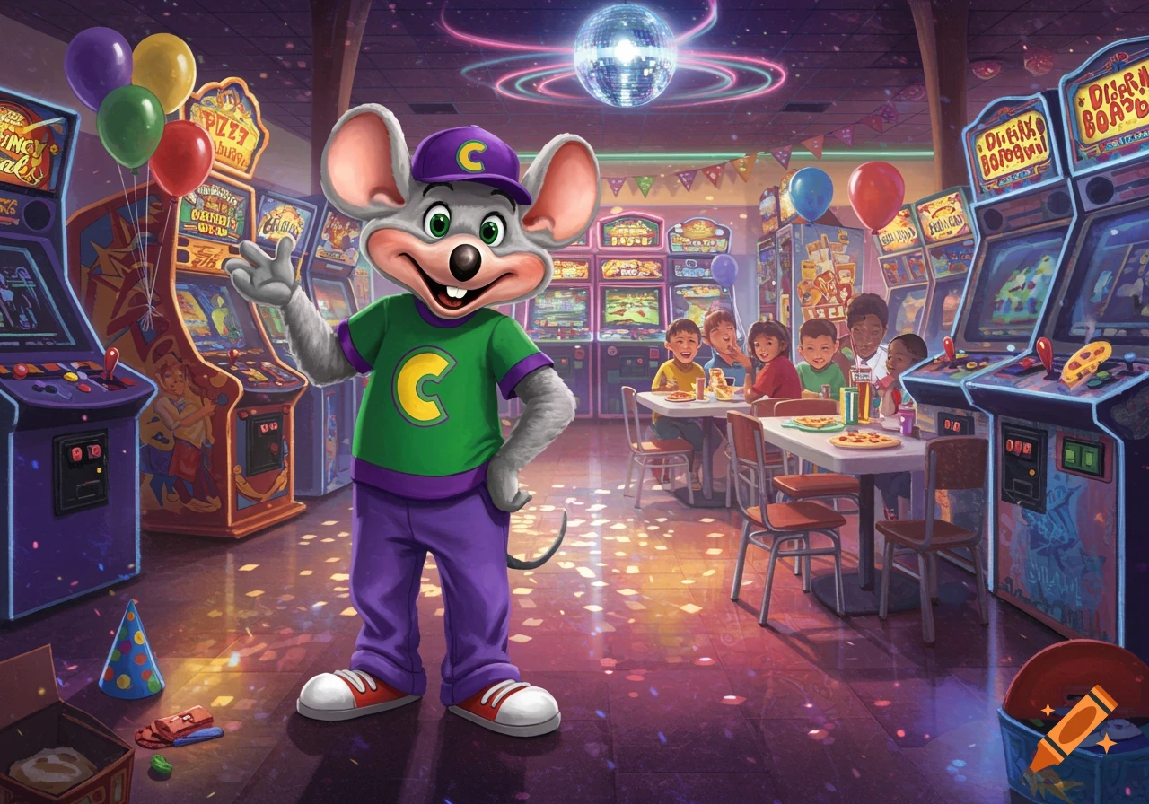 Chuck E. Cheese waves in an arcade with children eating pizza at tables and glowing lights. Cartoon style.