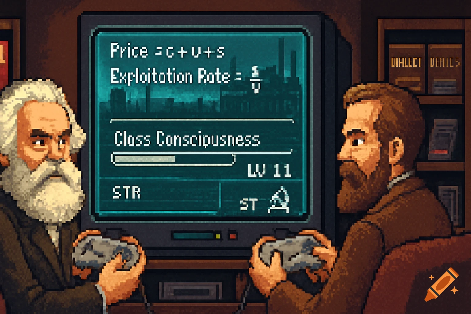 Pixel art of Karl Marx and Friedrich Engels playing a video game. They hold SNES controllers, focused on a CRT TV displaying an RPG menu with Marxist economic equations and a 'Class Consciousness' bar. Books titled 'Dialectics' are on a shelf.