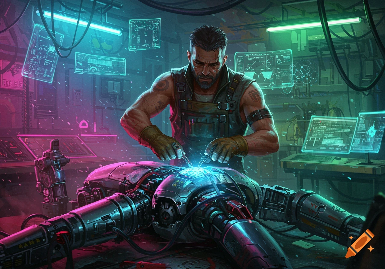 A man with tattoos on his arms, wearing an apron and gloves, works on a futuristic robot with glowing tools in a neon-lit cyberpunk lab.