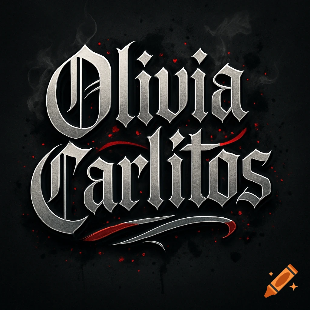 Metallic gothic lettering of 'Olivia Carlitos' with smoke and red accents on a dark background.