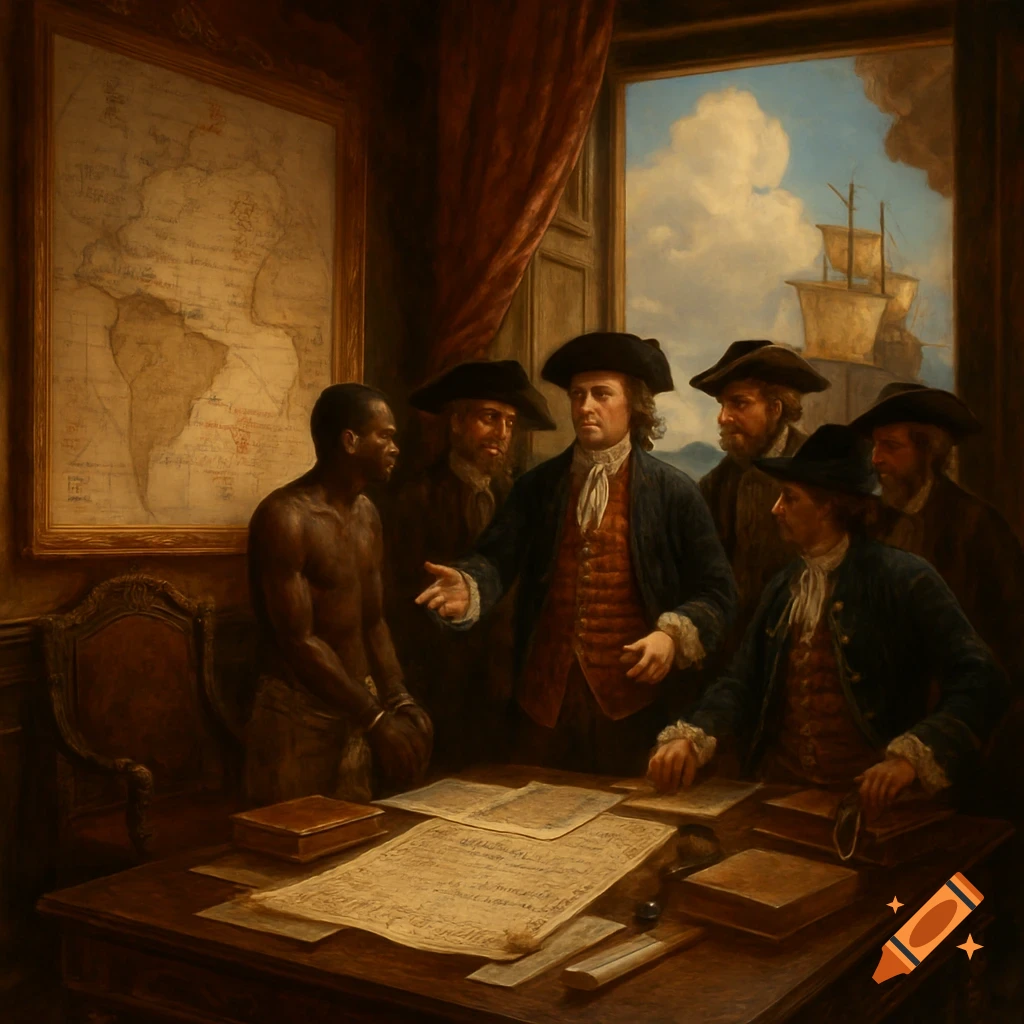 A historical oil painting depicts an enslaved Black man in shackles standing before several European men in colonial attire inside a room with a map and documents.