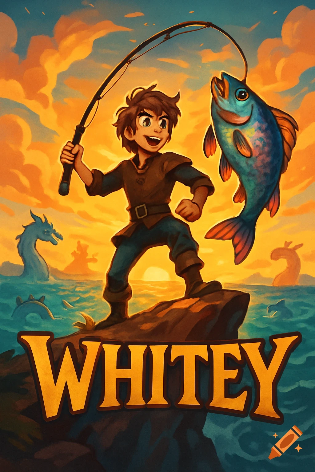 Cartoon illustration of a boy catching a large fish from a rock, with sea monsters in an orange sunset ocean, and the word WHITEY.