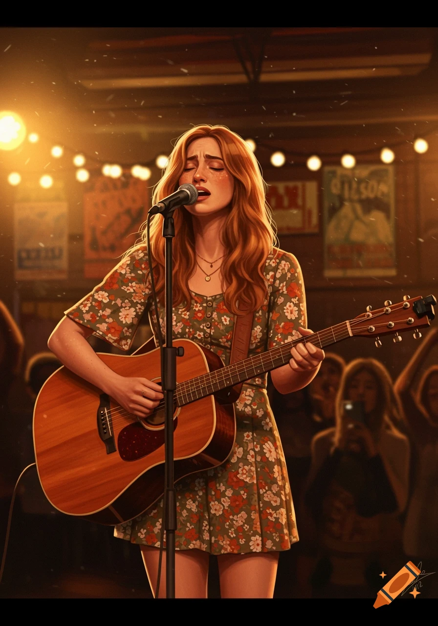 A vibrant illustration of a female singer-songwriter with long red hair, playing an acoustic guitar on a brightly lit stage.