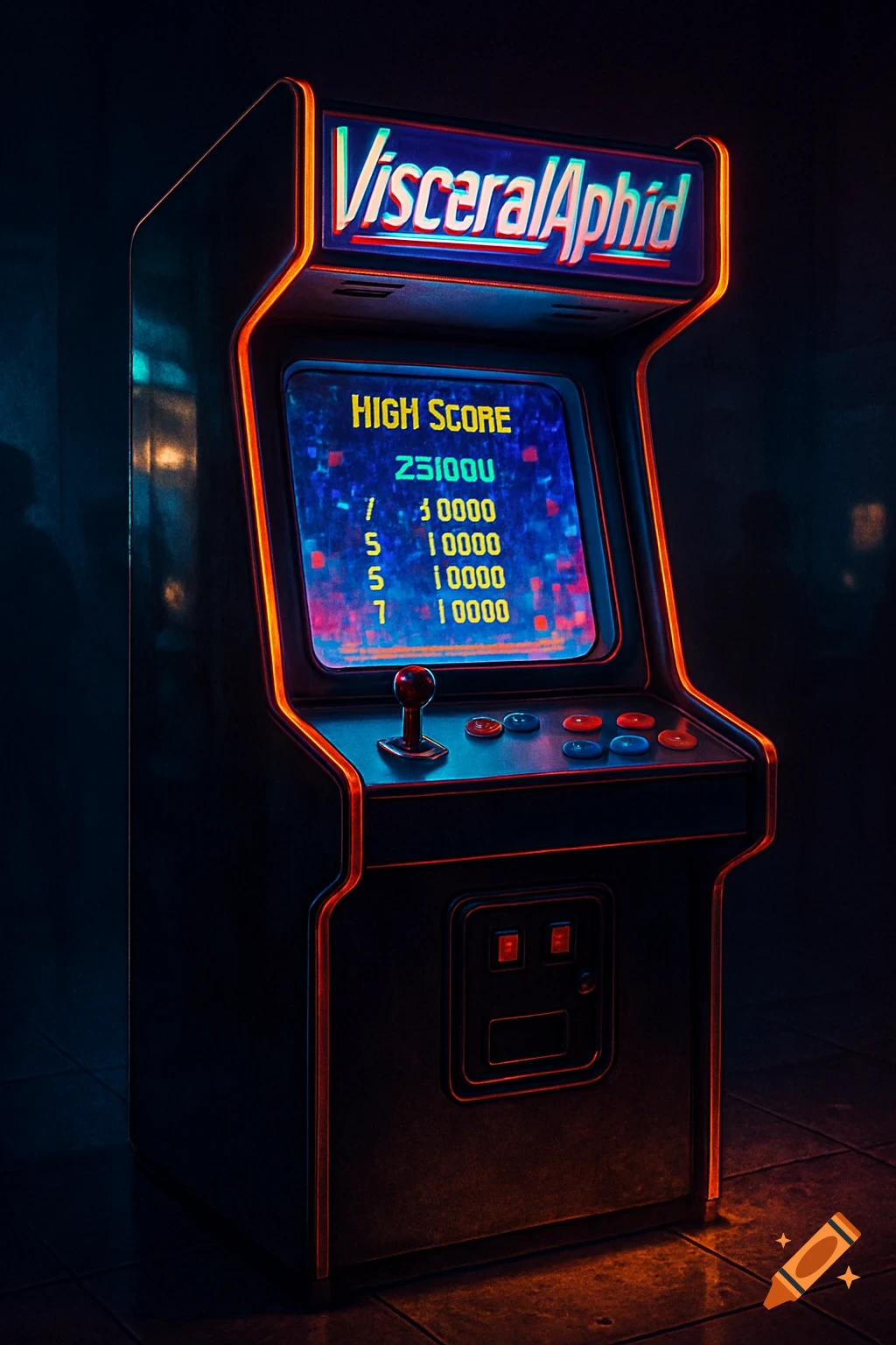 A retro neon-lit arcade machine displaying a high score table, in a dark room.